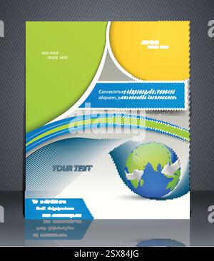 Vektor-Layout Business Flyer mit Weltkarte, Magazinumschlag, Vorlage oder Firmenbanner Design in blauen und grünen Farben Stock Vektor