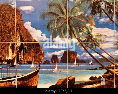 Ein idealisiertes, tropisches Landschaftskomposit, das auf Keramikfliesen gedruckt ist und ein beliebtes Dhaka-Restaurant dekoriert, verbindet Escapist-Bilder mit lokaler Gastronomie. Stockfoto