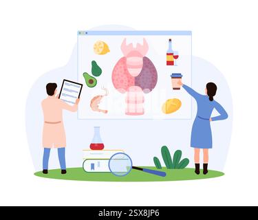 Tiny people analyzing the impact of healthy and unhealthy foods on thyroid gland, focusing on dietary choices, nutrition, and endocrine health vector illustration. Stock Vektor