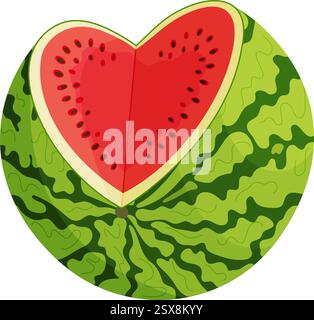 Frische grüne, offene Wassermelone. Cartoon Reife rote Cut Wassermelonenherz. Handgezeichnet trendige flache Stil isoliert geschnittene Frucht Bio natürliches Dessert, gesunde süße rote saftige Sommerfrucht. Vektorabbildung Stock Vektor