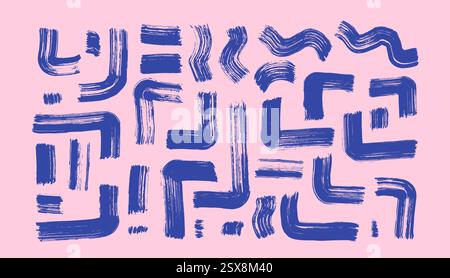 Handgezeichnete Linien. Geometrische Pinselstriche Collage. Blaue und pinkfarbene Geometrie. Abstrakte Kalligraphie. Vektormarker oder acrylfarbener Farbdruck. Recta Stock Vektor