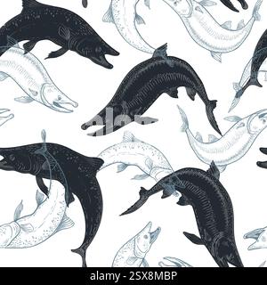 Pike Fish nahtloses Muster in Schwarz-weiß-Vektor. Handgezeichneter Raubfisch mit scharfen Zähnen im Vintage-Stil. Wiederkehrendes aquatisches Design für Stock Vektor