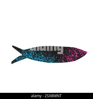 Einfacher, körniger Fisch. Sardinenelement mit Lärm. Silhouetten von Lachs oder Sardellen. Unterwassertier. Vektor Hand gezeichnete Ausschnitt Collage Illustration Stock Vektor