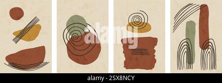 Japandi-Poster-Set. Abstrakte Boho-Innenwand. Vektorgeometrie und organische Formen unterstreichen Zen-Ästhetik. Strukturierte Banner mit ausgewogener fi Stock Vektor