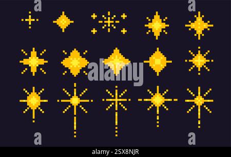 Pixel Art Stars. 8-Bit-Funkelset. Magische Feuerwerk-Symbole im Retro-Stil der 90er Jahre. Weihnachtsdekoration mit Glitzereffekt. Y2K Schneeflocken. Vintage-Party in Gold Stock Vektor