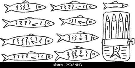 Sardinen Line Doodle Set. Von Hand gezogene Kritzeleien aus der Dose. Dosenfische. Offene Sardinendose. Vektor-konservieren Essensillustration durch Bleistift isoliert auf Wi Stock Vektor