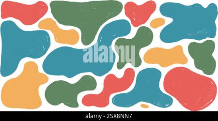 Farbenfrohe organische Formen. Unregelmäßige Spritzwasserfiguren. Abstrakte strukturierte Bastelflüssigkeit. Ungleichmäßige Formspritzer. Wellige Flecken. Vektorhandgezeichnete illu Stock Vektor