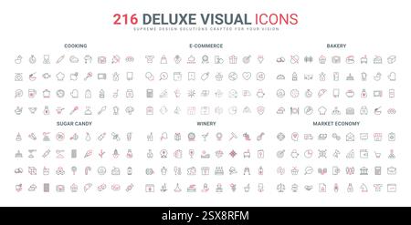 E-Commerce und Economy, Bewertung und Weitergabe von Informationen und Likes, Symbolsatz für Weingüter. Weizenbrot und Pizza, Croissant zum Backen in der Bäckerei, Kochen dünne schwarze und rote Umrisssymbole Vektor-Illustration Stock Vektor