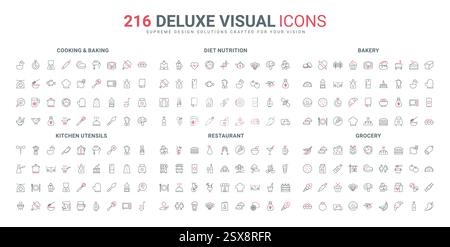 Bäckerei- und Lebensmittelgeschäft Produkte, Küchenutensilien zum Kochen und Backen Linie Symbol Set. Bestellen Sie im Café oder Restaurant, gesunde Ernährung dünne schwarze und rote Umrisssymbole Vektor-Illustration Stock Vektor