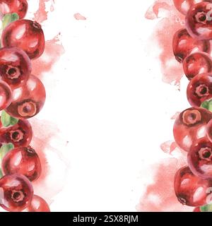 Rotes Preiselbeeren-Aquarellbanner mit Kopierraum. Handgezeichneter Cowberry-Rahmen auf Aquarellspritzern, Waldbeerrand für saisonales Menü, Verpackung, Auto Stockfoto