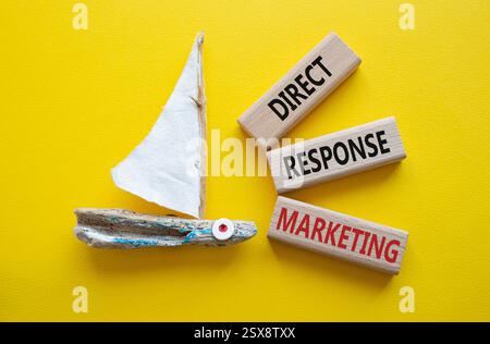 Symbol für Direct Response Marketing. Concept Words Direct Response Marketing auf Holzblöcken. Schöner gelber Hintergrund mit Boot. Business und Direct Stockfoto