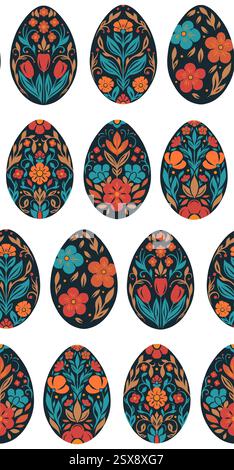 Nahtloses Vektor-Muster mit Ostereiern Silhouetten im Volkskunststil auf weißem Hintergrund. Dekorative Textur mit Feiertagseiern. Hintergrund Stock Vektor