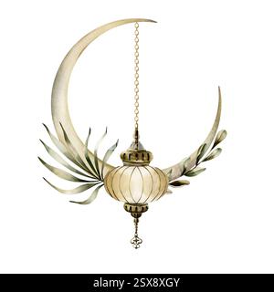 Mondsichel mit islamischer Laterne und grünen Blättern. Handgezeichnete Aquarellillustration isoliert auf weißem Hintergrund für Ramadan Kareem de Stockfoto