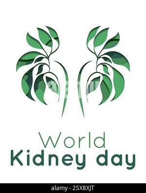 Vertikales Banner zum Weltnierentag. Postkarte mit Nieren aus Laub mit Text. Gesundheitsbewusstsein. Unterstützung und Behandlung menschlicher Innerer Stock Vektor