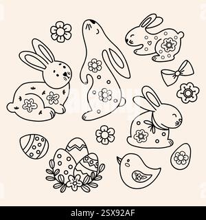 Süße Osterhasen und Ostereier Doodles. Frühlingsferien-Kollektion. Isolierte handgezeichnete Illustrationen der Vector Line für festliche Dekoration und Design Stock Vektor