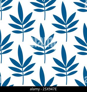 Nahtloses Muster mit abstrakten Palmblättern und Zweigen auf weißem Hintergrund. Trendiges abstraktes Muster in blauen Farben. Vektordesign für Textilien Stock Vektor