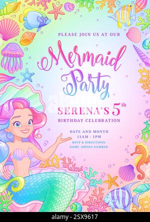 Mermaid Geburtstagsparty Einladung Vektor Vorlage. Stock Vektor