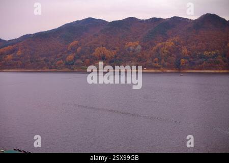 Daejeon, Südkorea - 12. November 2020: Ein ruhiger Blick auf den Daecheong-See mit Herbstlaub, der die umliegenden Berge bedeckt. Eine kleine schwimmende Platte Stockfoto