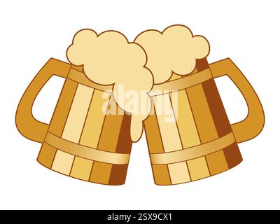 Zwei hölzerne Bierbecher zum Toasten mit Bierschaum Stock Vektor