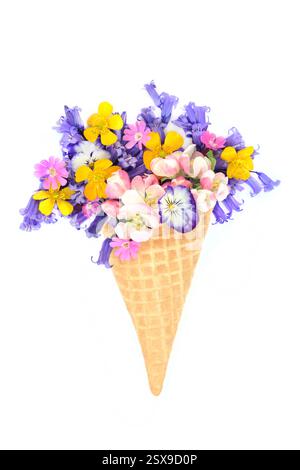Surreales Eiskornet mit Frühlingsblumen. Abstrakter lustiger bizarrer Blumenstrauß für Logo-Dekoration auf weißem Hintergrund. Stockfoto