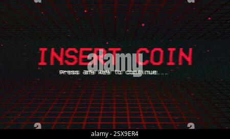 Insert Coin, Vintage-Arcade-Spielbildschirm mit Glitch-Effekt, computergeneriert Stockfoto