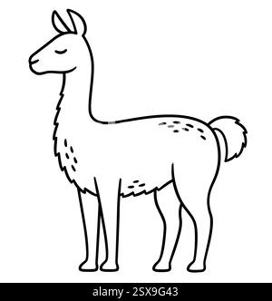 Guanaco (Lama guanicoe) wildes südamerikanisches Lama. Zeichnung von Schwarzweiß-Strichzeichnungen. Niedliche Zeichentrickvektor-Illustration. Stock Vektor