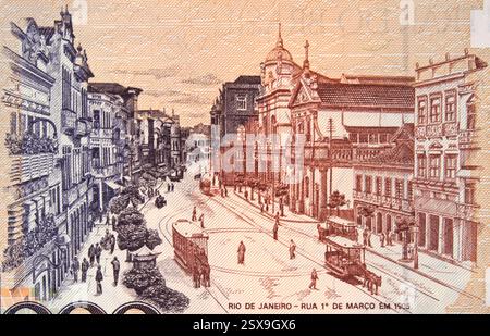 Ansicht der Straße 1. März (Rua Primeiro de Marco) Rio de Janeiro im Jahr 1905 auf brasilianischer 1000-Cruzados-Banknote (1987). Historisches Zentrum von Rio de J Stockfoto