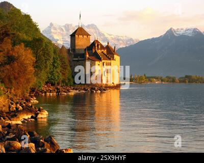 Chateau de Chillon am Genfer See, Montreux, Schweiz Stockfoto