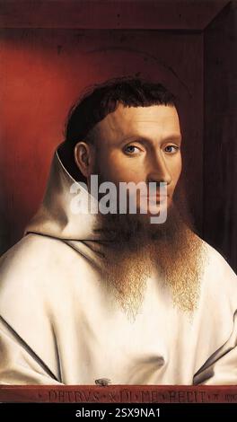 CHRISTUS, Petrus (* 1410/20, Baarle, d. 1475/76, Brügge) Potrait einer Kartause 1446 Öl auf Holz, 29,2 x 21,6 cm Metropolitan Museum of Art, New York 1444, drei Jahre nach dem Tod von Jan van Eyck, verließ Petrus Christus seine Heimat in den nördlichen Niederlanden, um sich in Brügge niederzulassen. Dieses Porträt, eines der frühesten signierten und datierten Werke Christi, zeigt van Eycks Einfluss auf die technische Virtuosität der Trompe-l'oeil Fliege und der geschnitzten Inschrift. Der Sitter, der einst durch einen Halo in einen heiligen verwandelt wurde, ist ein unbekannter Laienbruder des Kartäuserordens. Die Fliege Stockfoto