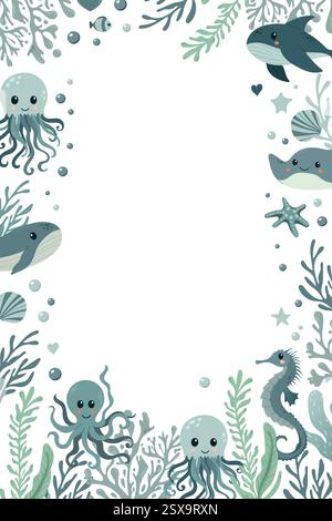 Rechteckiger Vektor-Rahmen mit Meerestieren und Booten in flachem Design. Vorlage mit Wal, Tintenfisch, Seepferd, Stachelrochen. Grenze mit Unterwasser Stock Vektor