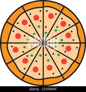 Vektor-Illustration einer ganzen Pizza mit Toppings. Flaches Design, schlichte und farbenfrohe Essensfigur. Stock Vektor