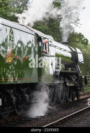 Der Flying Scotsman auf seiner hundertjährigen Tour auf der Bluebell Line Stockfoto