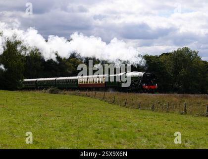 Der Flying Scotsman auf seiner hundertjährigen Tour auf der Bluebell Line Stockfoto