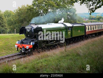 Der Flying Scotsman auf seiner hundertjährigen Tour auf der Bluebell Line Stockfoto