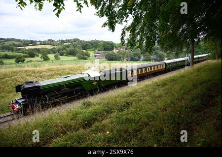 Der Flying Scotsman auf seiner hundertjährigen Tour auf der Bluebell Line Stockfoto