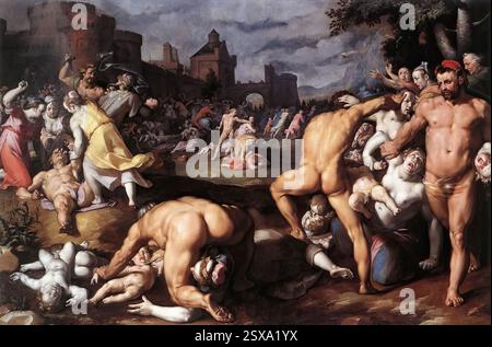 CORNELIS VAN HAARLEM (* 1562, Haarlem, d. 1638, Haarlem) Massaker der Unschuldigen 1590 Öl auf Leinwand, 245 x 358 cm Rijksmuseum, Amsterdam als Jesus geboren wurde und König Herodes hörte, dass das Kind der König der Juden war, ordnete er an, dass alle Kinder in Bethlehem unter zwei Jahren getötet werden sollten. In der Zwischenzeit waren Maria und Joseph jedoch mit ihrem Baby in Sicherheit geflohen. Das sinnlose Abschlachten der Unschuldigen ist ein Beispiel für skrupellose Tyrannei. Das Gemälde wurde vermutlich im Auftrag von Prinz Maurice in Auftrag gegeben, dessen Aufgabe als Oberbefehlshaber der Armee darin bestand, die zu beseitigen Stockfoto