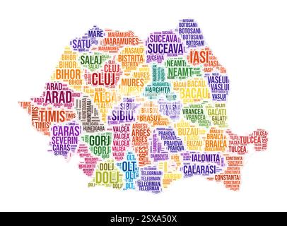 Wortwolke für die Region Rumänien. Ländliches Design. Farbige Abbildung in Rumänien. Bereichsnamen Collage Cloud. Vektorabbildung. Stock Vektor