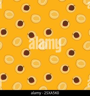 Nahtlose handgezeichnete Illustration reife Pflaume ganz in einer Orangenschale, eine halbe Pflaume mit einem Stein und eine Pflaumenscheibe. Vektor-Illustration, Zeichentrickdruck Stock Vektor