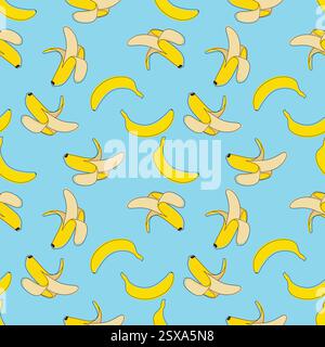 Nahtloser handgezeichneter Vektor, tropische Früchte Banane. Süße sommerblaue Hintergrundstoffe, Bananenmuster. Feier, Werbung, Branding, Banner Stock Vektor