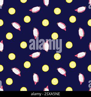 Nahtloser handgezeichneter Vektor, tropische Früchte Pitahaya. Drachenfrucht Orangen Sommer. Gesundes Essen, Veganer. Veganuary. Kakteen. Tropische exotische Früchte. Stock Vektor