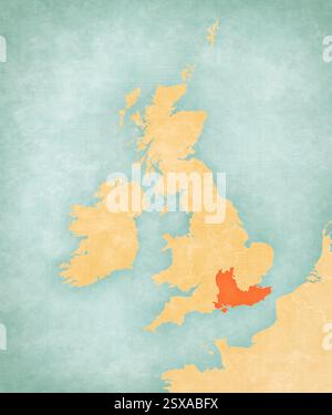 Südostengland auf der Karte der Britischen Inseln in weichem Grunge und Vintage-Stil, wie altes Papier mit Aquarellmalerei. Stockfoto