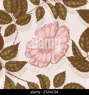 Wilde Rosenblüten Zeichnung und Zeichnung mit Pointillismus. Vintage-Muster von Zweigen mit Hagebuttenfrüchten und Blättern. Stock Vektor