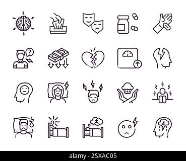 Drücken Sie die Symbole. Psychische Gesundheit. Symbol für Angstlinie. Geistesstörung. Müde Person in Stress. Einsame oder Apathie-Stimmung. Hoffnungslos und Einsamkeit. Gebrochenes Herz. Einzelzeichen. Hirnerkrankungen. Vektorpiktogramme festgelegt Stock Vektor