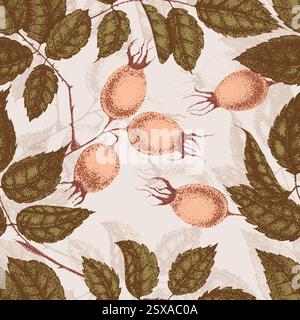 Wilde Rosenblüten Zeichnung und Zeichnung mit Pointillismus. Vintage-Muster von Zweigen mit Hagebuttenfrüchten und Blättern. Stock Vektor