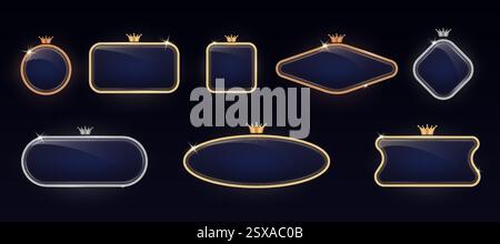 Goldener Rahmen. Schwarzes Luxusabzeichen oder -Anhänger, 3D verschiedene geometrische Form, hochwertiges goldenes Metall, königlich edel elegante leuchtende Krone. Goldenes und silbernes dekoratives Emblem. Hochzeitskarte. Vorlage für Vektorbanner Stock Vektor