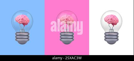 3D-Gehirn im Bulbus. Psychologie-Verstand. Künstliche Intelligenz. Glühbirnen-Idee. Helle Renderelemente. Intellekt denken. Geistige Kraft. Kreativität und Einsicht. Lösungstechnologie. Vektor-Brainstorming-Set Stock Vektor
