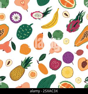 Nahtloses Muster mit tropischen Früchten. Dekor-Textil, Geschenkpapier, Tapete für exotische frische Lebensmittel. Stoffdruck. Küche Zitrus abstrakte Zeichentrickfilm flache Art isolierte Illustration. Vektorhintergrund Stock Vektor