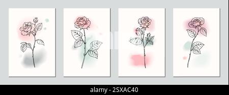 Umriss Rose. Strichkunstblume, abstrakte Blütenfigur oder minimalistisches, einfaches handgezeichnetes Tattoo-Design. Vertikaler Bannersatz. Dekorative Karten. Vektor Garten Skizzenstil isolierte botanische Illustration Stock Vektor