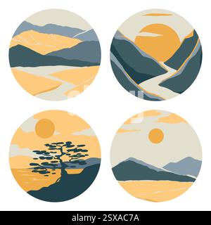 Abstraktes Landschaftsemblem. Kreisförmiges Logo. Rundes Logo. Berg, See und Fluss. Baum- und Sonnenhintergrund. Geometrische Hügel und Felsen. Artwork Minimal Cartoon flache Stil Vektor Illustration Stock Vektor