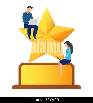 Goldener Becher. Gold-Star-Form, riesiger Preis für kleine Mitarbeiter, die an Laptops arbeiten, geschäftliche Erfolge und Erfolge. Gewinnendes Symbol Cartoon flache Art isolierte Vektor-Illustration Stock Vektor